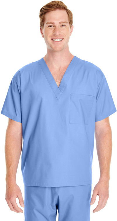 Am image of a Custom Harriton Adult Restore 4.9 oz. Scrub Top in Ciel Blue!