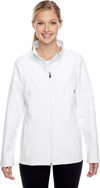 Am image of a Custom Team 365 Ladies' Leader Soft Shell Jacket in White!