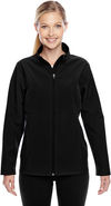 Am image of a Custom Team 365 Ladies' Leader Soft Shell Jacket in Black!