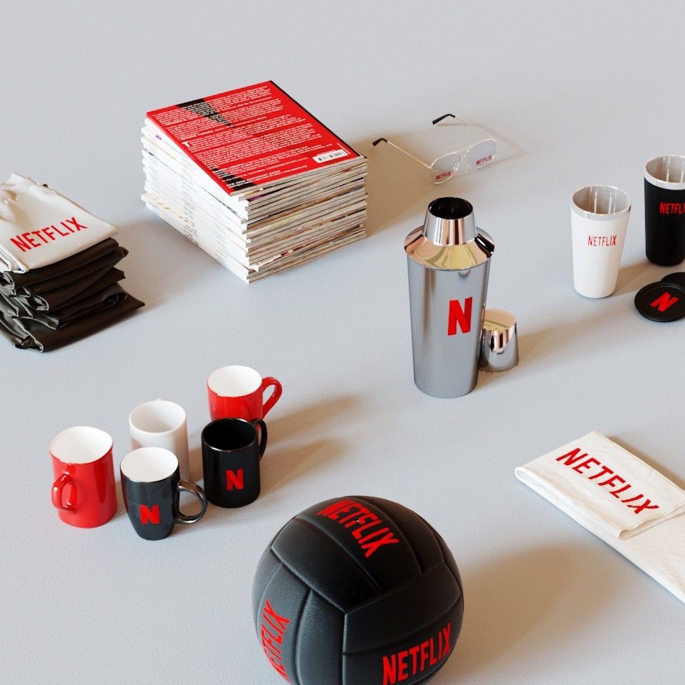 An image of custom promotional products that is customized with the Netflix logo