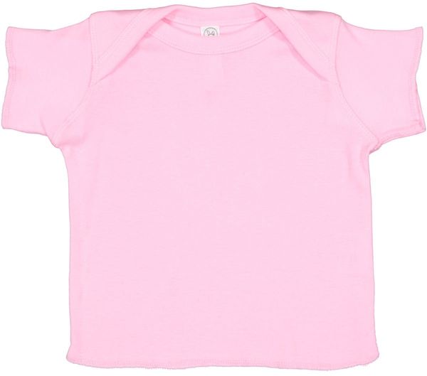 Am image of a Custom Rabbit Skins Baby Rib Lap Shoulder T Shirt in Pink!