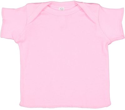 Am image of a Custom Rabbit Skins Baby Rib Lap Shoulder T Shirt in Pink!