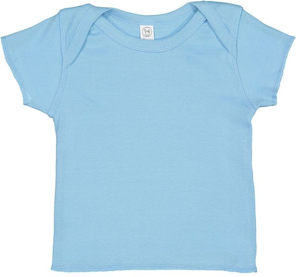 Am image of a Custom Rabbit Skins Baby Rib Lap Shoulder T Shirt in Light Blue!