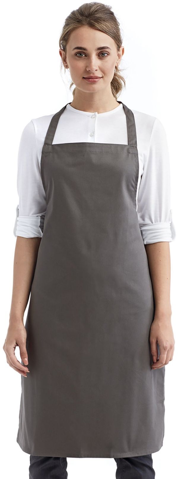 Am image of a Custom Artisan Collection by Reprime Organic Cotton Bib Apron in DARK GREY!