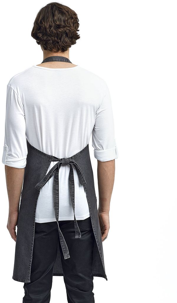 Am image of a Custom Artisan Collection by Reprime Unisex Jeans Stitch Denim Bib Apron in BLACK DENIM!