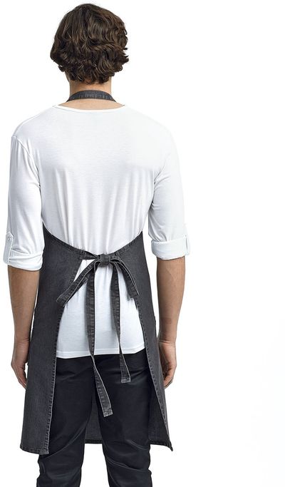 Am image of a Custom Artisan Collection by Reprime Unisex Jeans Stitch Denim Bib Apron in BLACK DENIM!