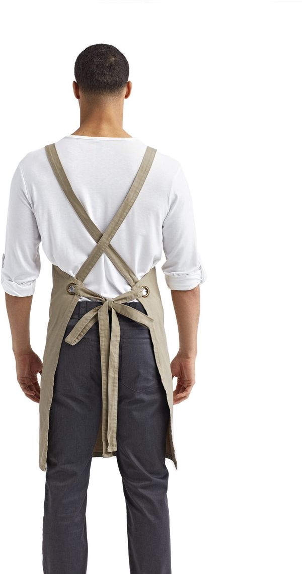 Am image of a Custom Artisan Collection by Reprime Cross Back Barista Apron in KHAKI!