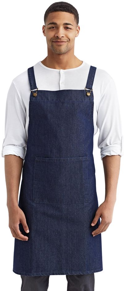 Am image of a Custom Artisan Collection by Reprime Cross Back Barista Apron in INDIGO DENIM!