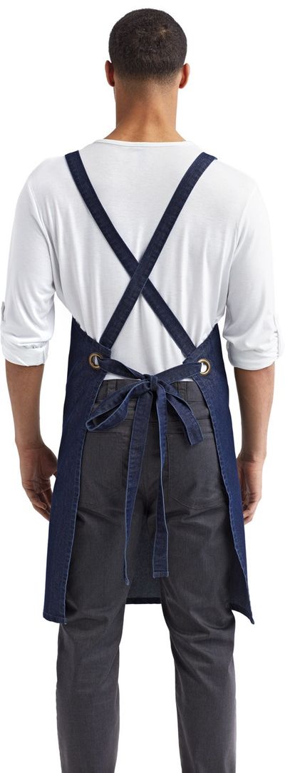 Am image of a Custom Artisan Collection by Reprime Cross Back Barista Apron in INDIGO DENIM!