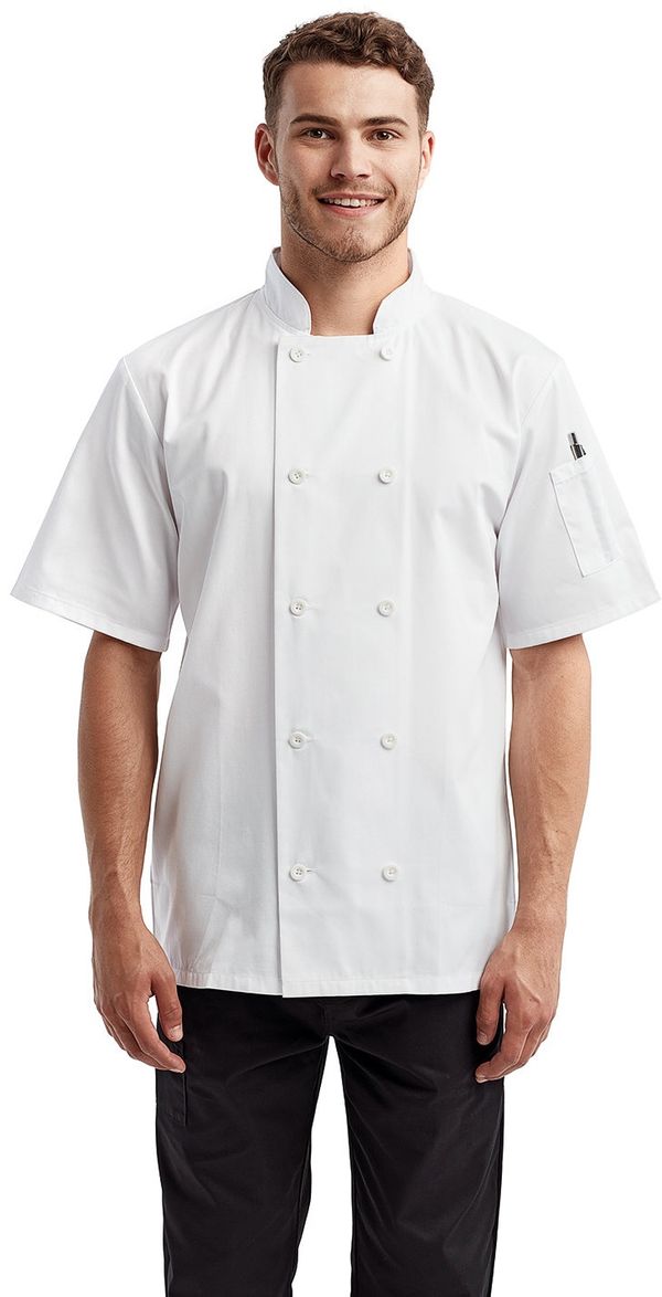 Am image of a Custom Artisan Collection by Reprime Unisex Short Sleeve Sustainable Chef's Jacket in White!