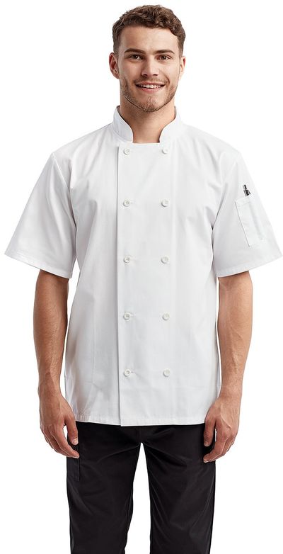 Am image of a Custom Artisan Collection by Reprime Unisex Short Sleeve Sustainable Chef's Jacket in White!