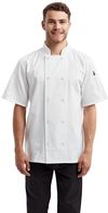 Am image of a Custom Artisan Collection by Reprime Unisex Short Sleeve Sustainable Chef's Jacket in White!