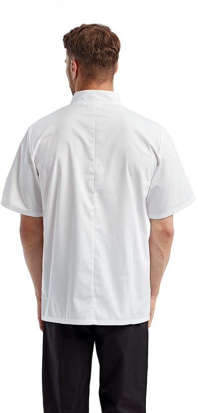 Am image of a Custom Artisan Collection by Reprime Unisex Short Sleeve Sustainable Chef's Jacket in White!