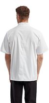 Am image of a Custom Artisan Collection by Reprime Unisex Short Sleeve Sustainable Chef's Jacket in White!