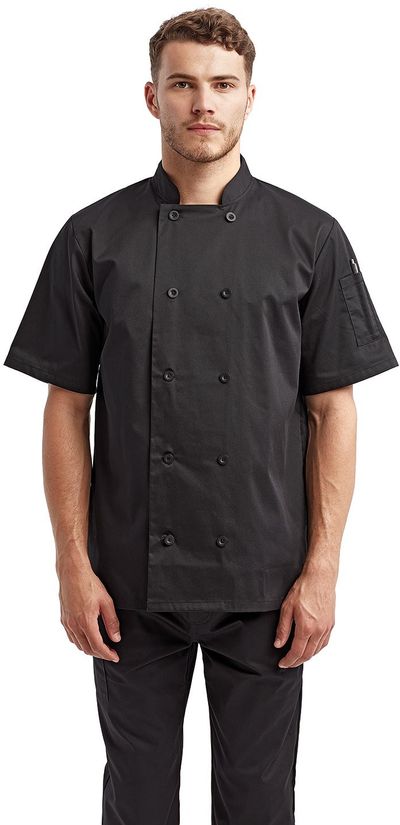 Am image of a Custom Artisan Collection by Reprime Unisex Short Sleeve Sustainable Chef's Jacket in Black!