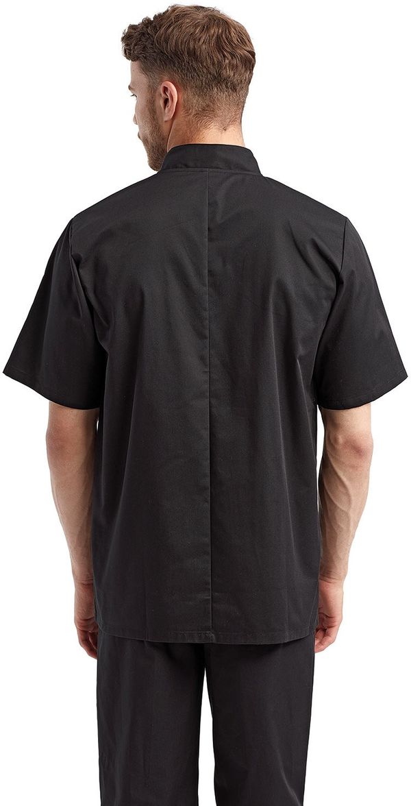 Am image of a Custom Artisan Collection by Reprime Unisex Short Sleeve Sustainable Chef's Jacket in Black!