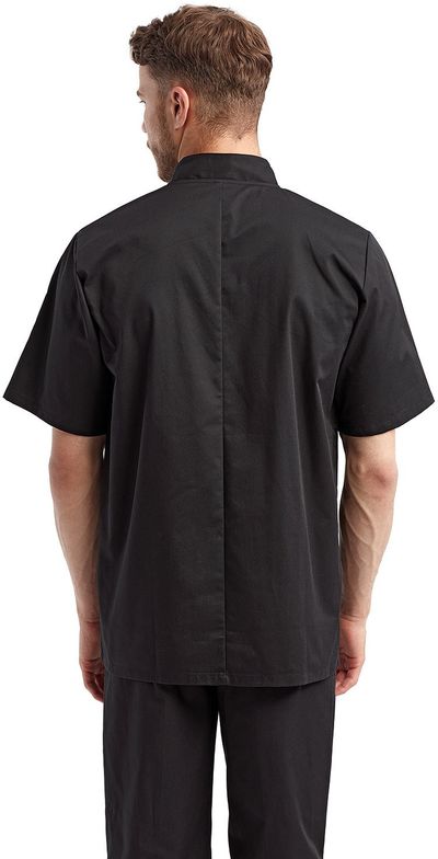 Am image of a Custom Artisan Collection by Reprime Unisex Short Sleeve Sustainable Chef's Jacket in Black!