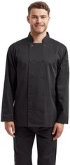 Am image of a Custom Artisan Collection by Reprime Unisex Long Sleeve Sustainable Chef's Jacket in Black!