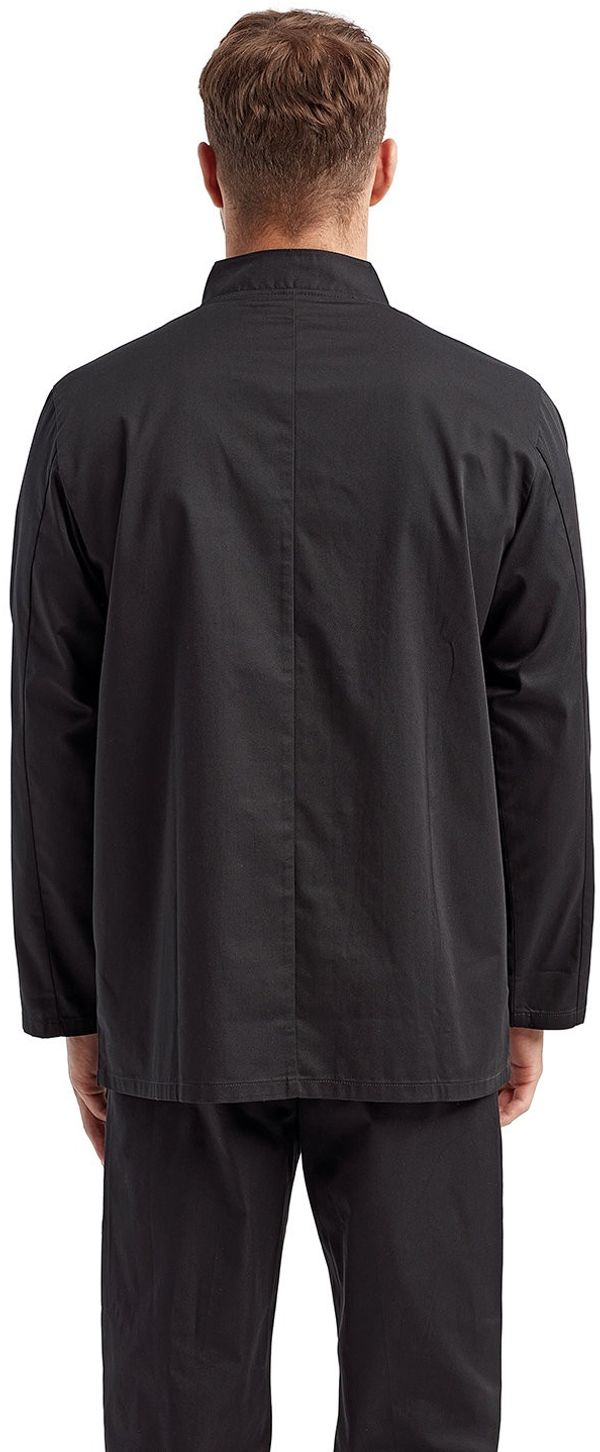 Am image of a Custom Artisan Collection by Reprime Unisex Long Sleeve Sustainable Chef's Jacket in Black!