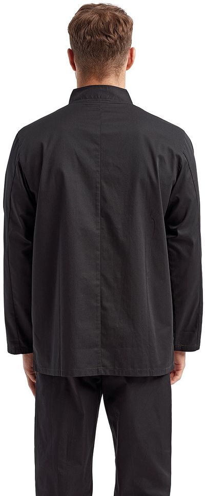 Am image of a Custom Artisan Collection by Reprime Unisex Long Sleeve Sustainable Chef's Jacket in Black!