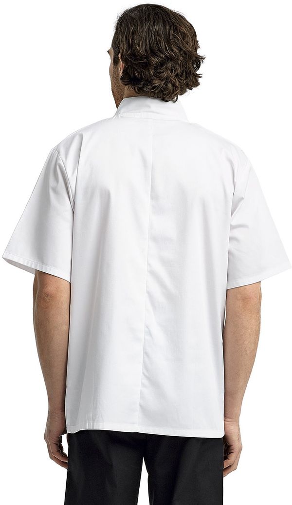 Am image of a Custom Artisan Collection by Reprime Unisex Studded Front Short Sleeve Chef's Jacket in White!