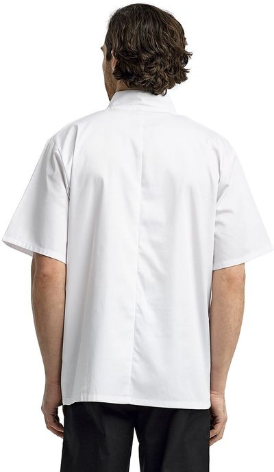Am image of a Custom Artisan Collection by Reprime Unisex Studded Front Short Sleeve Chef's Jacket in White!