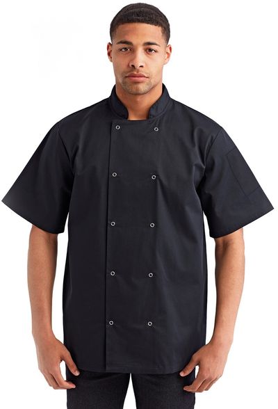 Am image of a Custom Artisan Collection by Reprime Unisex Studded Front Short Sleeve Chef's Jacket in Black!