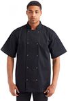 Am image of a Custom Artisan Collection by Reprime Unisex Studded Front Short Sleeve Chef's Jacket in Black!