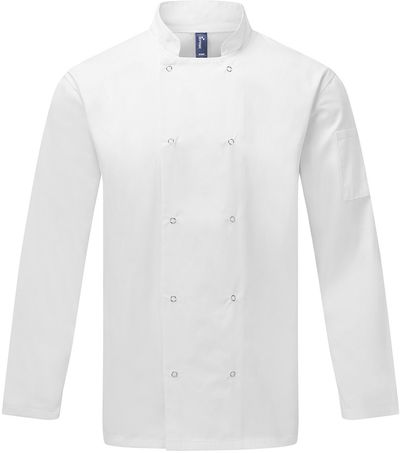 Am image of a Custom Artisan Collection by Reprime Unisex Studded Front Long Sleeve Chef's Jacket in White!