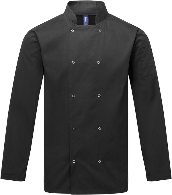 Am image of a Custom Artisan Collection by Reprime Unisex Studded Front Long Sleeve Chef's Jacket in Black!