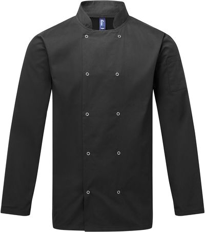 Am image of a Custom Artisan Collection by Reprime Unisex Studded Front Long Sleeve Chef's Jacket in Black!
