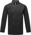 Am image of a Custom Artisan Collection by Reprime Unisex Studded Front Long Sleeve Chef's Jacket in Black!