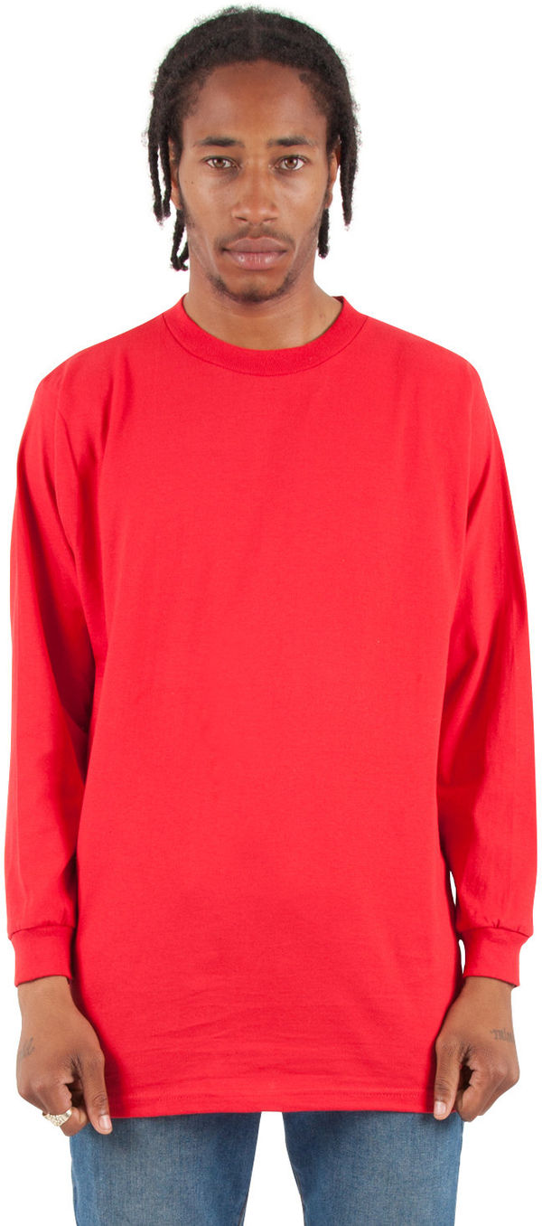 Am image of a Custom Shaka Wear Adult 6 oz Active Long Sleeve T Shirt in Red!