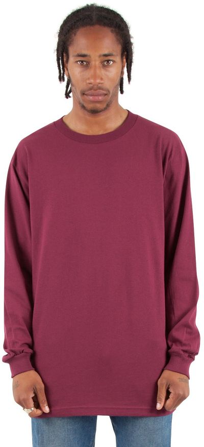 Am image of a Custom Shaka Wear Adult 6 oz Active Long Sleeve T Shirt in Burgundy!