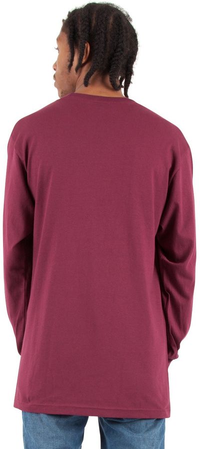 Am image of a Custom Shaka Wear Adult 6 oz Active Long Sleeve T Shirt in Burgundy!
