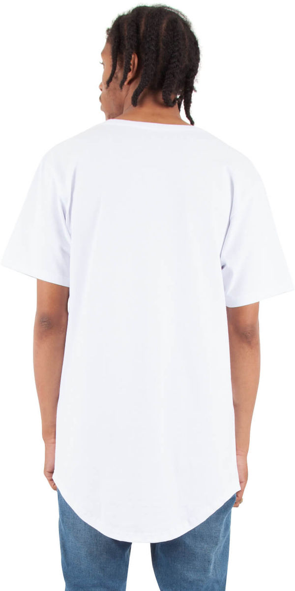 Am image of a Custom Shaka Wear Adult 6 oz Curved Hem Long T Shirt in White!