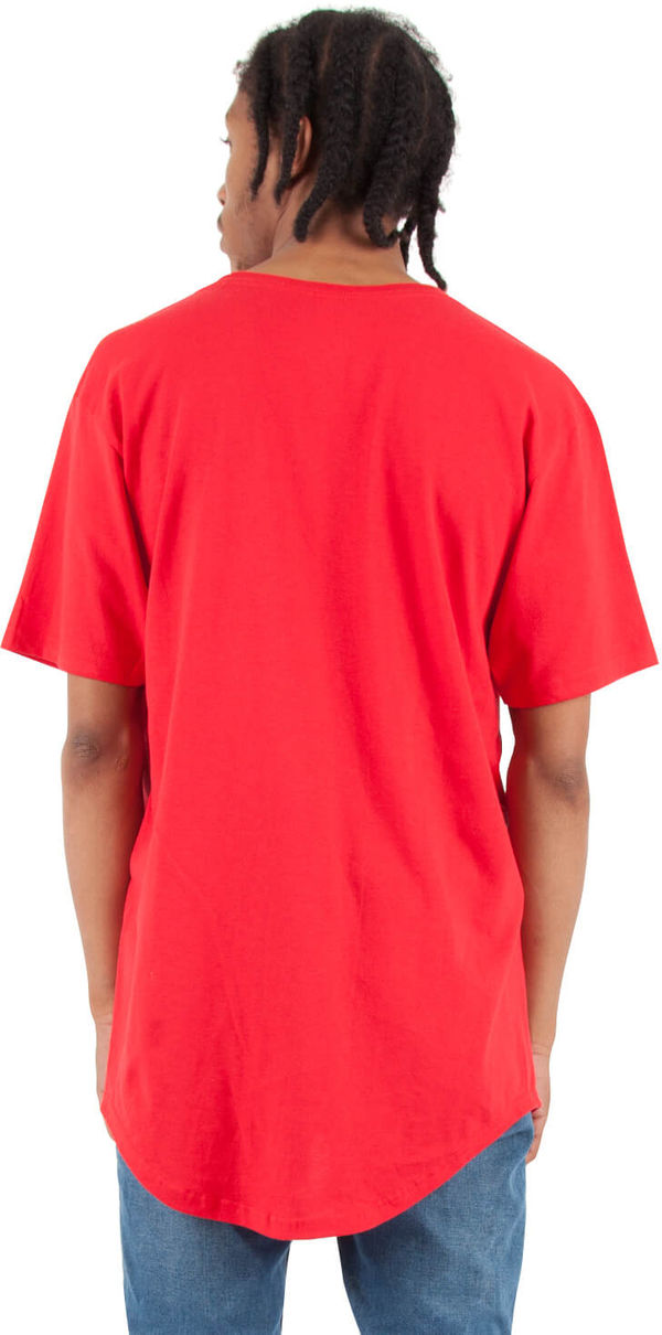 Am image of a Custom Shaka Wear Adult 6 oz Curved Hem Long T Shirt in Red!