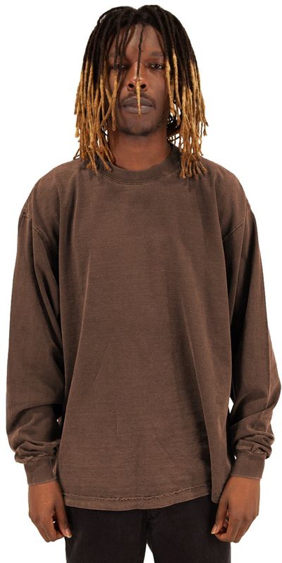 Am image of a Custom Shaka Wear Mens Garment Dyed Long Sleeve T Shirt in Mocha!