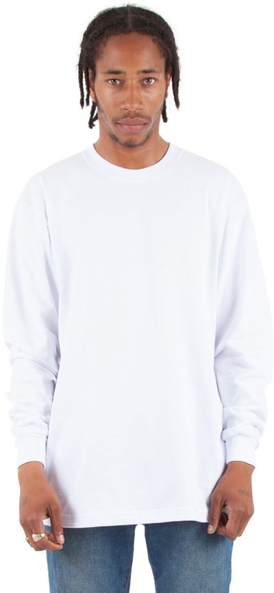 Am image of a Custom Shaka Wear Adult 7.5 oz Max Heavyweight Long Sleeve T Shirt in White!