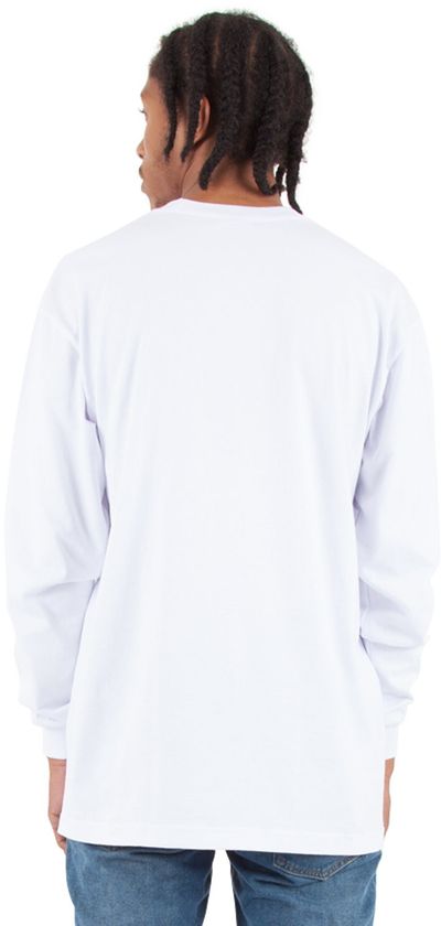 Am image of a Custom Shaka Wear Adult 7.5 oz Max Heavyweight Long Sleeve T Shirt in White!