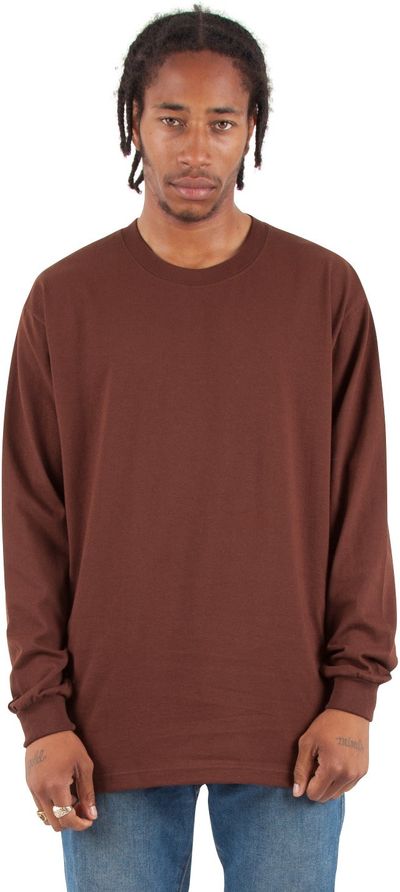 Am image of a Custom Shaka Wear Adult 7.5 oz Max Heavyweight Long Sleeve T Shirt in Brown!