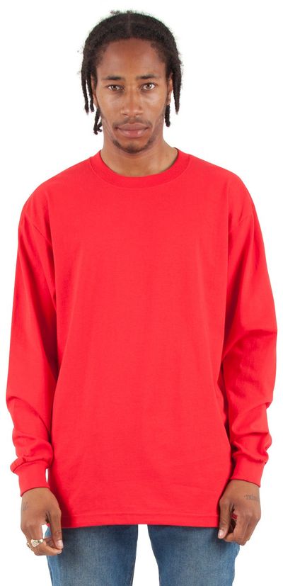 Am image of a Custom Shaka Wear Adult 7.5 oz Max Heavyweight Long Sleeve T Shirt in Red!