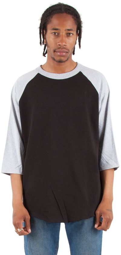 Am image of a Custom Shaka Wear Adult 8.9 oz Three Quarter Sleeve Raglan T Shirt in Black/Heather Grey!