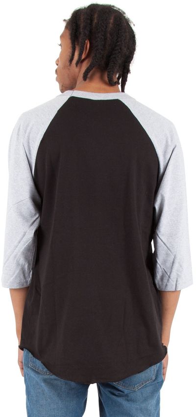 Am image of a Custom Shaka Wear Adult 8.9 oz Three Quarter Sleeve Raglan T Shirt in Black/Heather Grey!