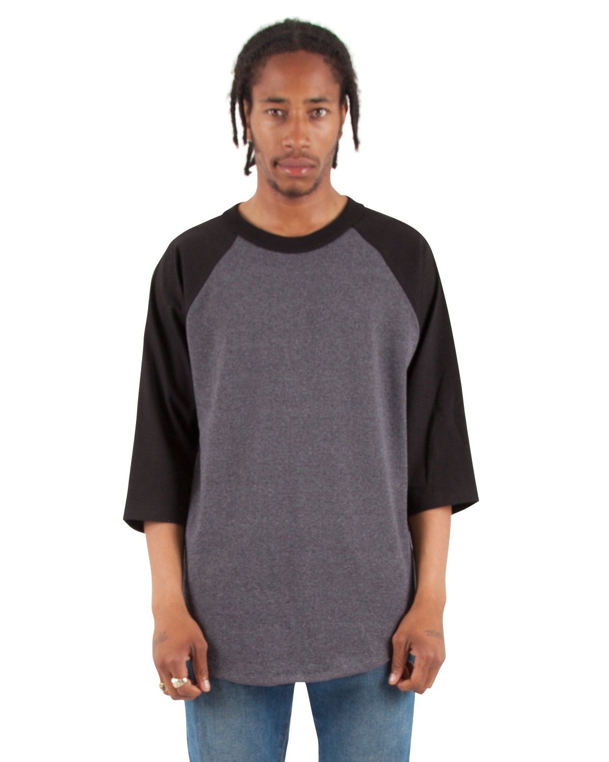Shaka Wear Adult 8.9 oz Three Quarter Sleeve Raglan T Shirt in Charcoal Grey Heather/Black
