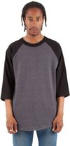Am image of a Custom Shaka Wear Adult 8.9 oz Three Quarter Sleeve Raglan T Shirt in Charcoal Grey Heather/Black!
