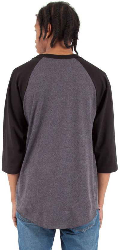 Am image of a Custom Shaka Wear Adult 8.9 oz Three Quarter Sleeve Raglan T Shirt in Charcoal Grey Heather/Black!