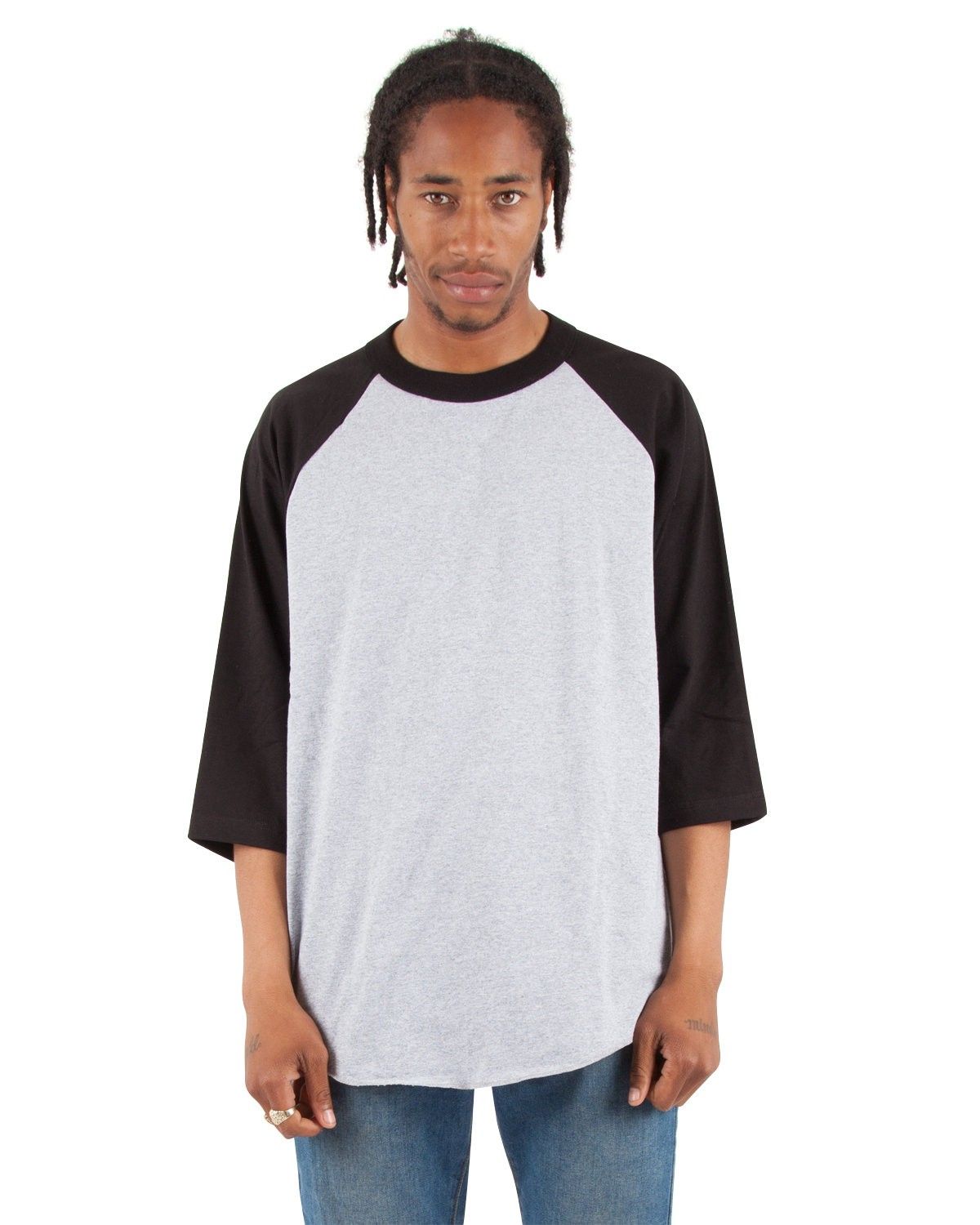 Shaka Wear Adult 8.9 oz Three Quarter Sleeve Raglan T Shirt in Heather Grey/Black
