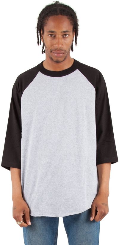 Am image of a Custom Shaka Wear Adult 8.9 oz Three Quarter Sleeve Raglan T Shirt in Heather Grey/Black!