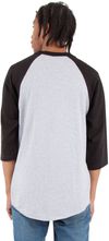 Am image of a Custom Shaka Wear Adult 8.9 oz Three Quarter Sleeve Raglan T Shirt in Heather Grey/Black!
